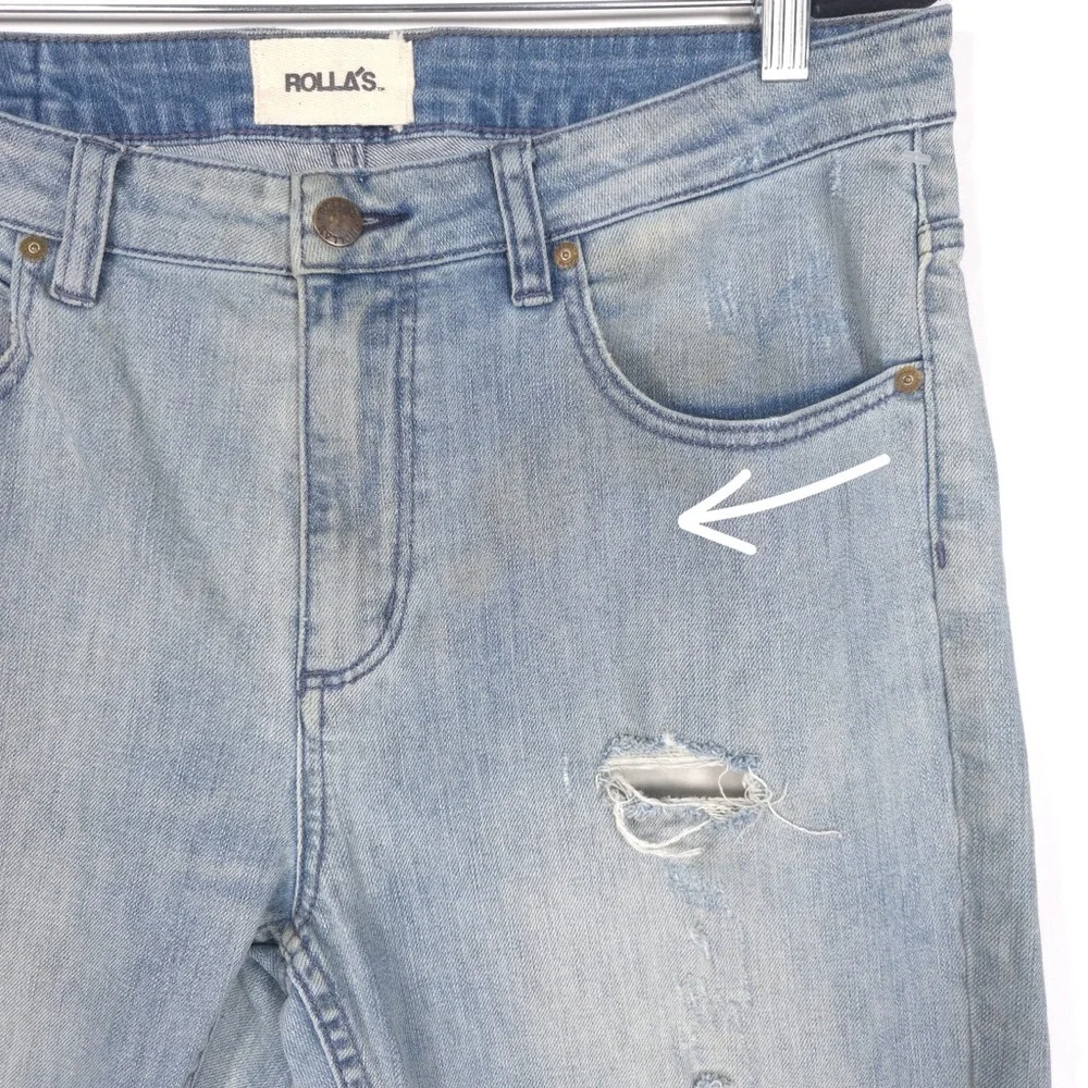 ROLLAS New Men’s THIN CAPTAIN SLIM FIT Jeans Bush Fire Blue Distressed‎ 34x31